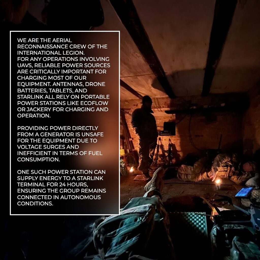 Aerial reconnaissance crew members in a dimly lit shelter with drones and equipment, highlighting the importance of portable power stations for operations.